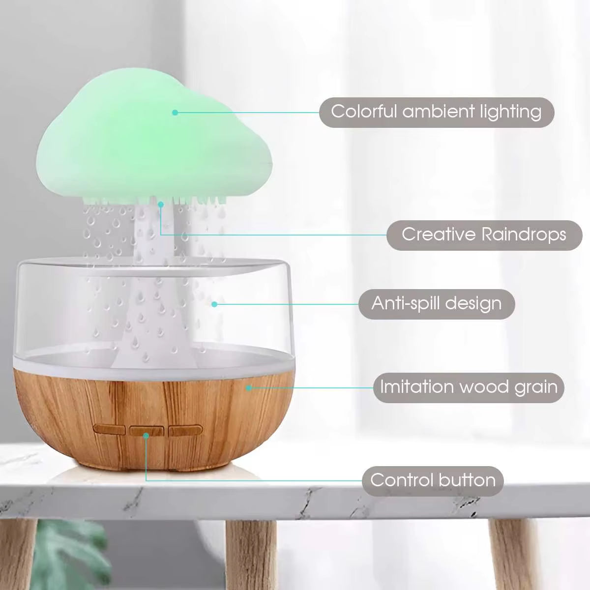 Rain Cloud Humidifier Rain Colorful Mushroom Cloud Raindrop Atmosphere Lamp Night Light Essential Oil Humidifier Machine